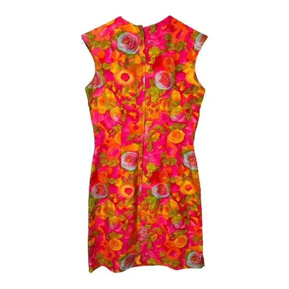 Vintage 60s Handmade Floral Sleeveless Dress 4 Small Hot Pink Ruffle Sheath - Picture 3 of 5